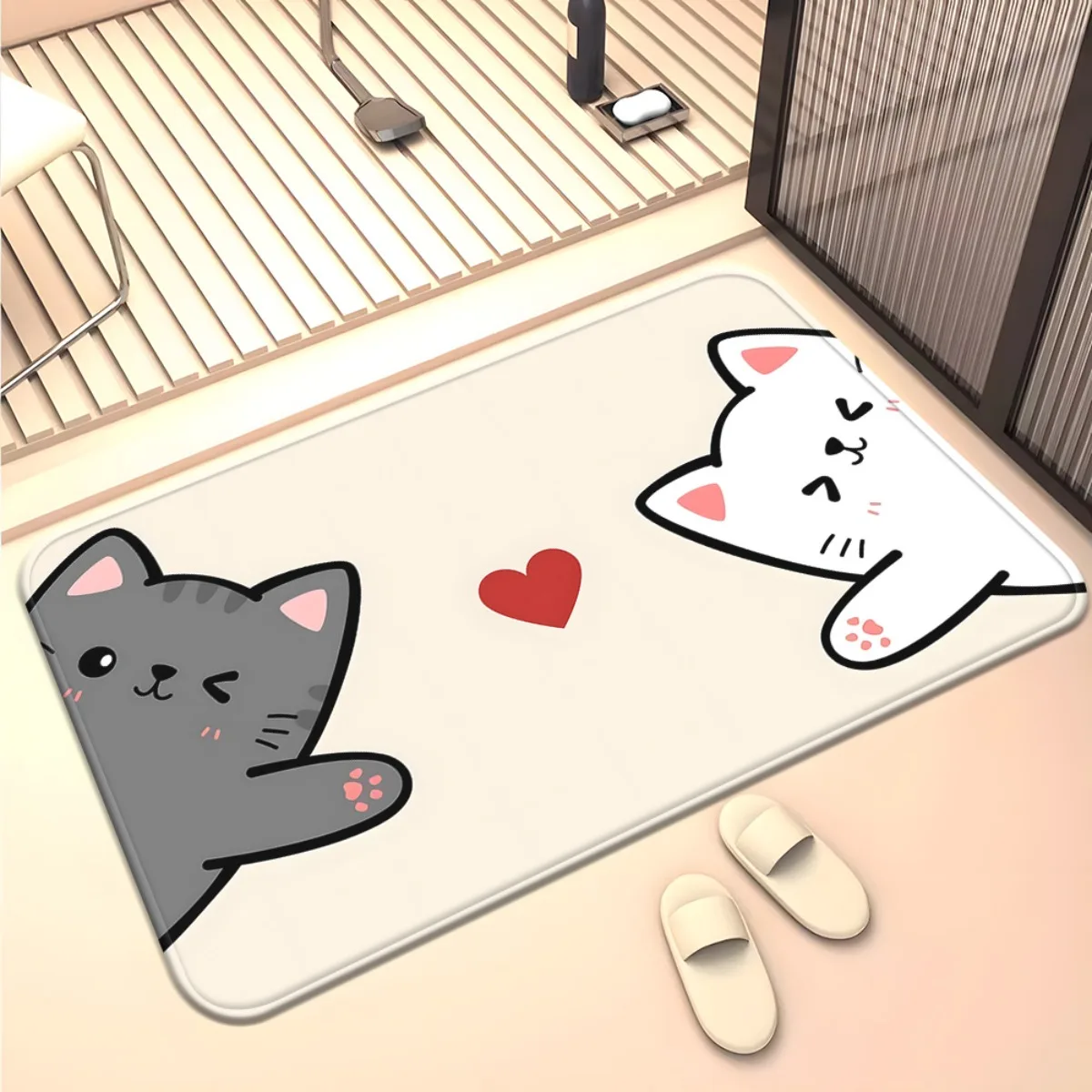 1pc Cute Two Cats with Heart Doormat Non-Slip Absorbent Microfiber Rug for Bedroom Living Room Entryway Outdoor