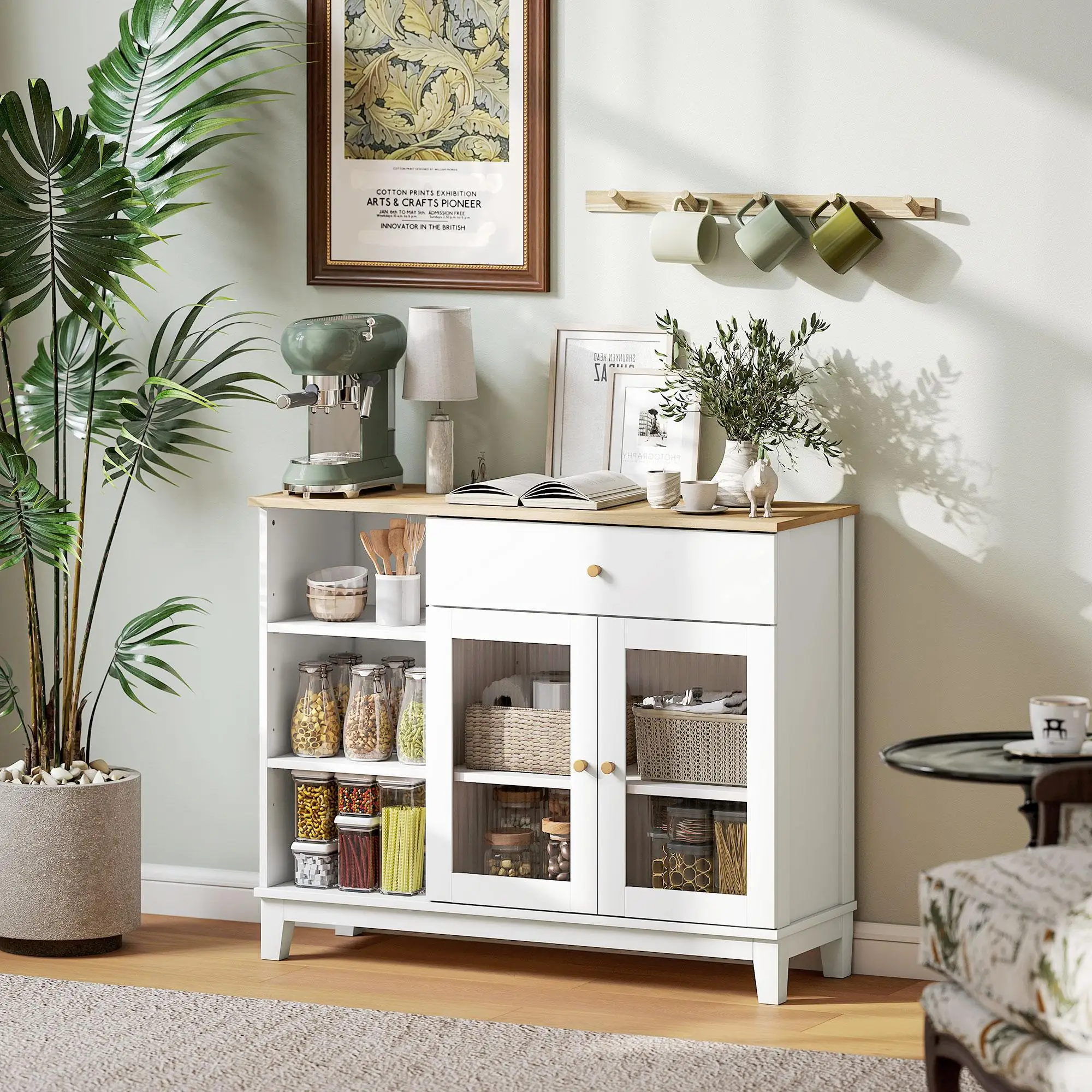 Meuble avec 2 portes vitrées et 1 tiroir en MDF blanc, 75x35x81cm pour salon/chambre, avec plateau réglable