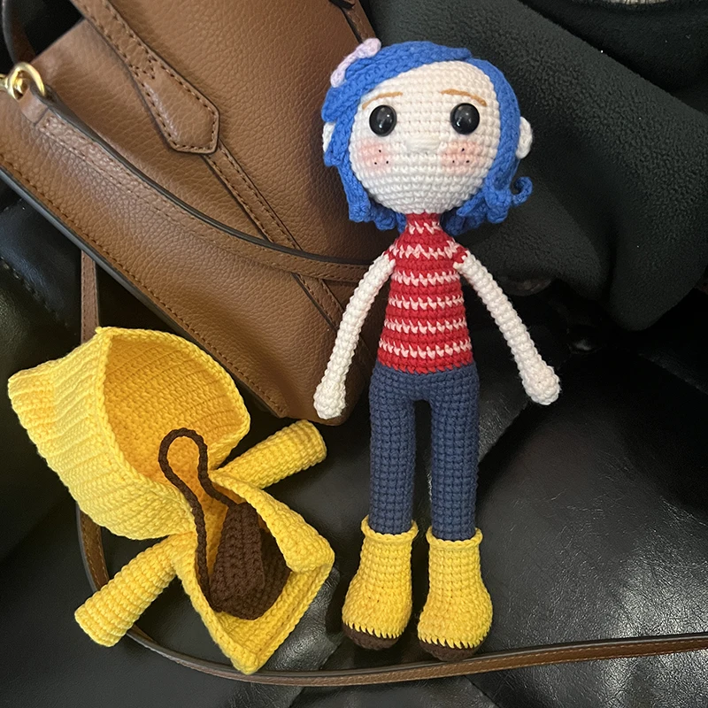 Knitting Dolls Kid Colin girl with blue hair and Yellow coat Birthday Gift Soft Cotton Toys Handmade Knitted Toy (finished produ