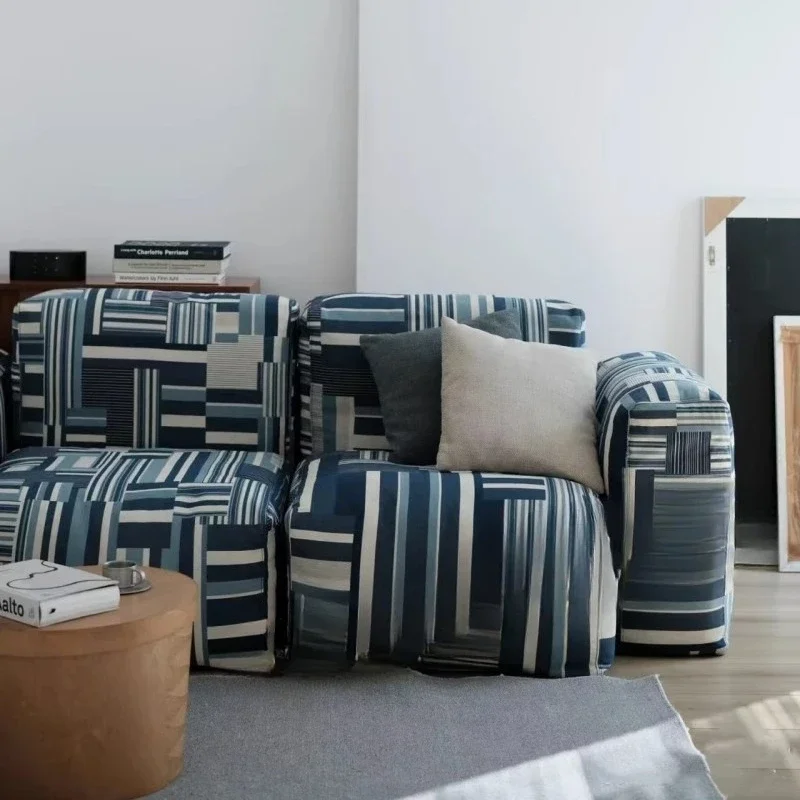 Niche retro design denim splicing cloth sofa casual lazy wind small apartment bread module living room sofa