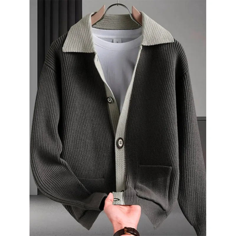 2026 Autumn New Style Men's Fashion Casual Striped Collar Knitted Cardigan Jacket Coat