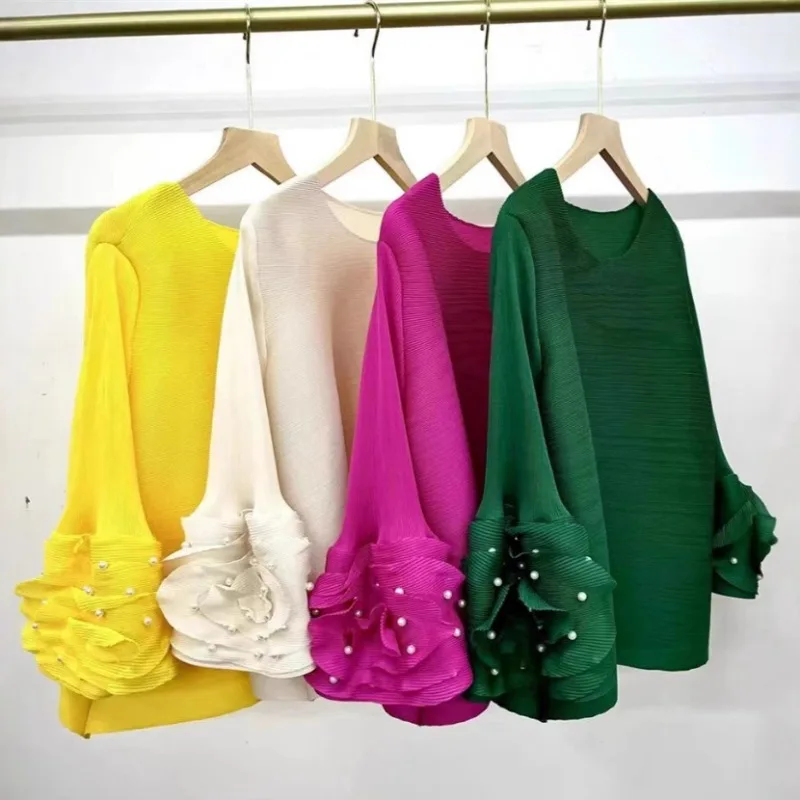 

Miyake 2025 Spring Summer New Pleated Tops Female Beaded Seven-minute Sleeve Round Neck T-shirt Loose Casual Stretch Women's