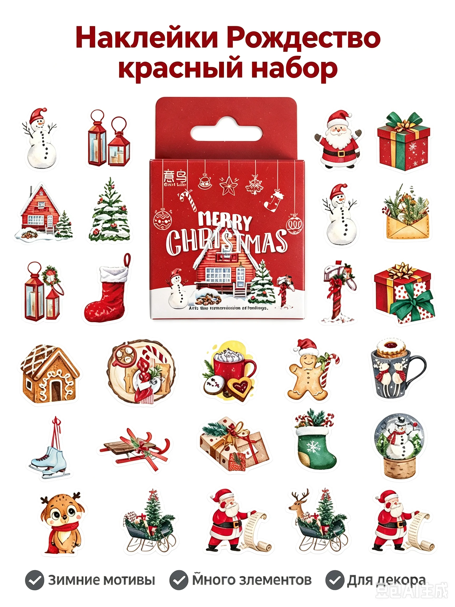 Boxed Happy Christmas Stickers, 46 Pcs Vintage Holiday Decorative DIY Journal Scrapbooking Decals Supplies