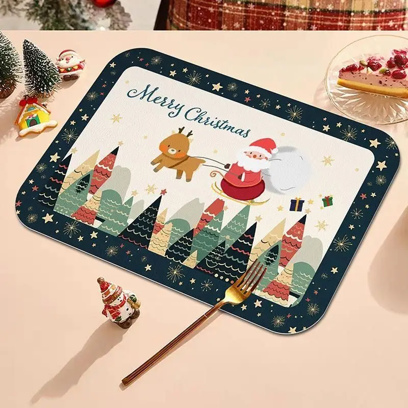Cute Santa Claus Tableware Drain Mat Merry Christmas Absorbent Quick-Dry Non-Slip Sink Countertop Mat Home Decor Holiday