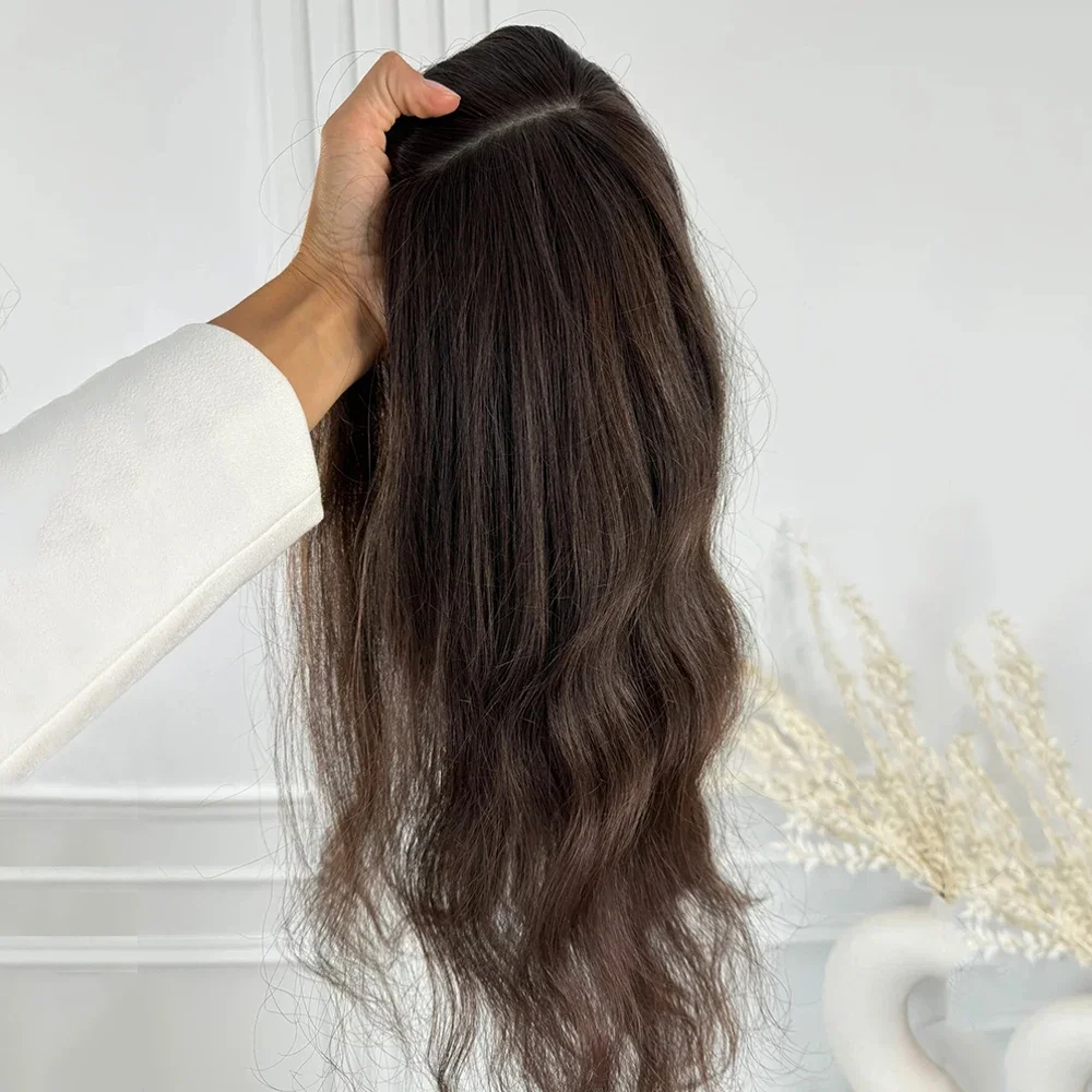 

200 Плотность 26 дюймов Длинные бесклеевые коричневые объемные волны с челкой Кружева 5x5 Шелковая основа Парик из человеческих волос для женщин Детские волосы предварительно выщипанные