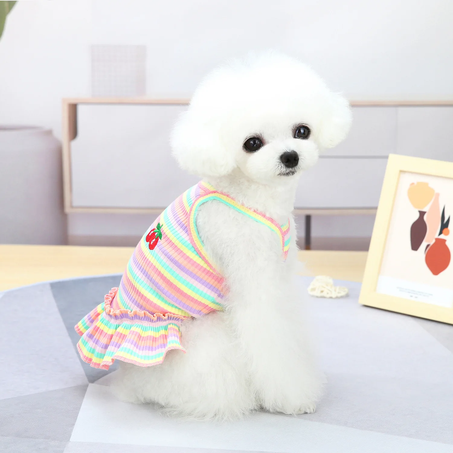 Summer Thin Striped Dog Cat Vest with Cherry Embroidery Princess Suspender Dress for Small Breeds Like Teddy Bichon