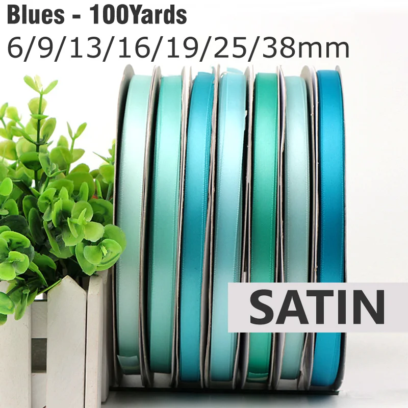 100Yards 6/9/13/16/19/25/38mm BLUE Double Face Satin Ribbon Solid Color Satin Ribbons 100% Polyester High Dense Fabric Tapes