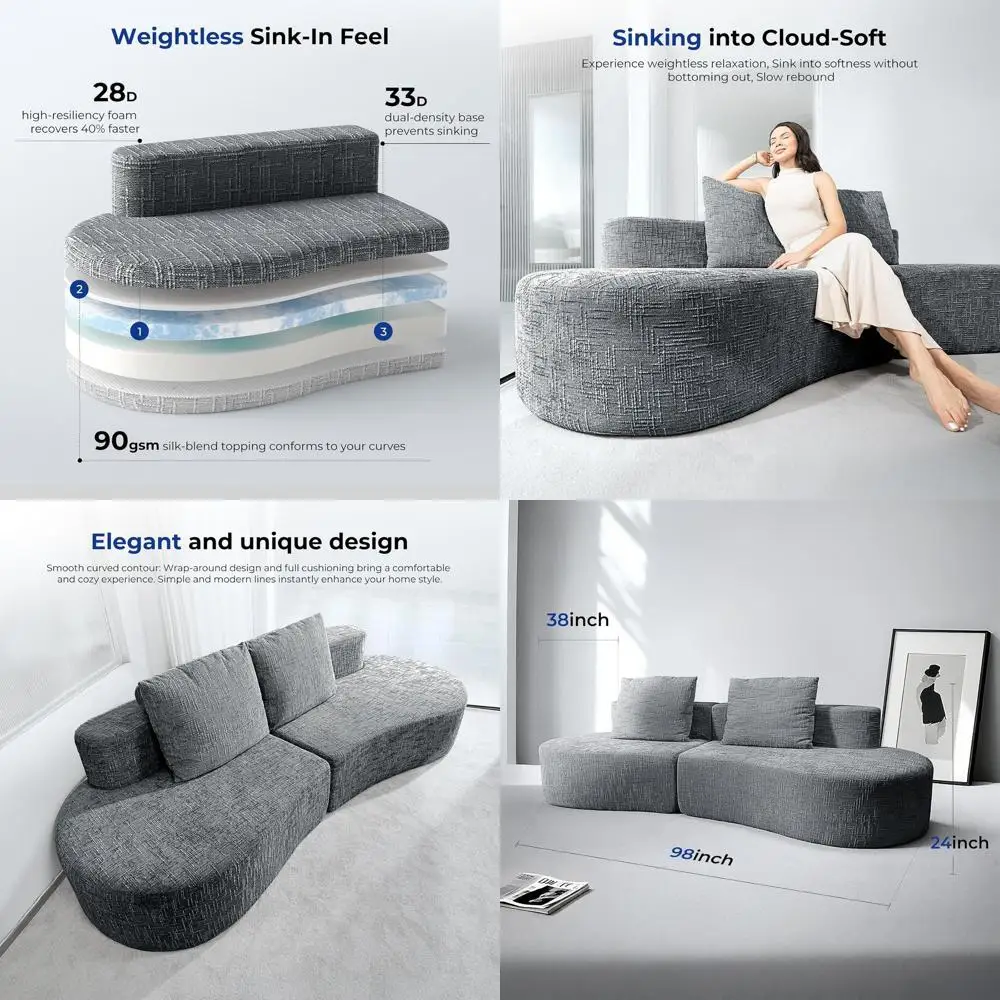 Half Moon Curved Sofa Bed, 4-Seater with 2 Pillows, Dark Grey, Living/Office Room, Ready to Use