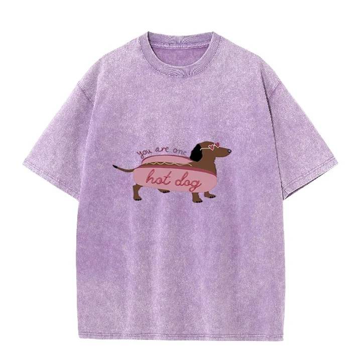 Vintage Washed T-shirt You Are One Hot Dog Print Funny Dachshund Dog Graphic Tees Casual Short Sleeve Summer Tops