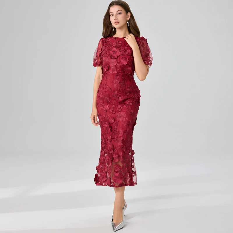 Verão bordado rendas vestido de baile feminino francês luxo 3d flor fishtail manga curta vestidos longos festa bodycon férias vestido