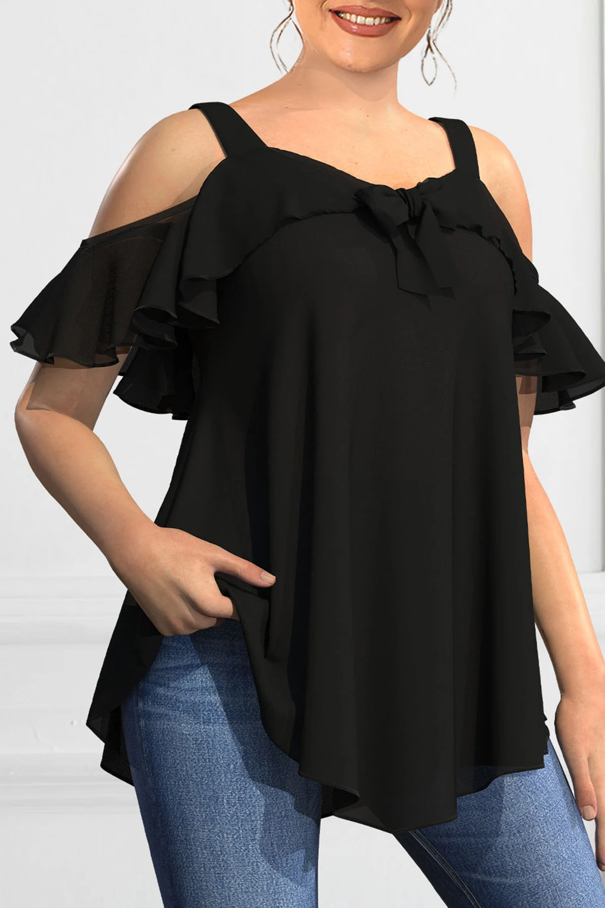 Maglietta con spalle scoperte Plus Size per donna orlo con volant Sexy Casual Vintage Solid scollo a v Bow Front Summer Tee Top 2024 Fashion Top