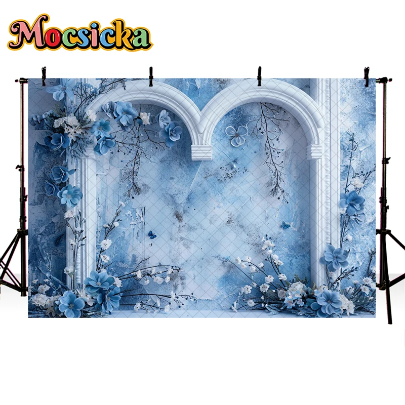 Mocsicka Photography Background Blue Butterfly Floral Arch Decor Birthday Wedding Cake Smash Kids Portrait Backdrop Photo Studio