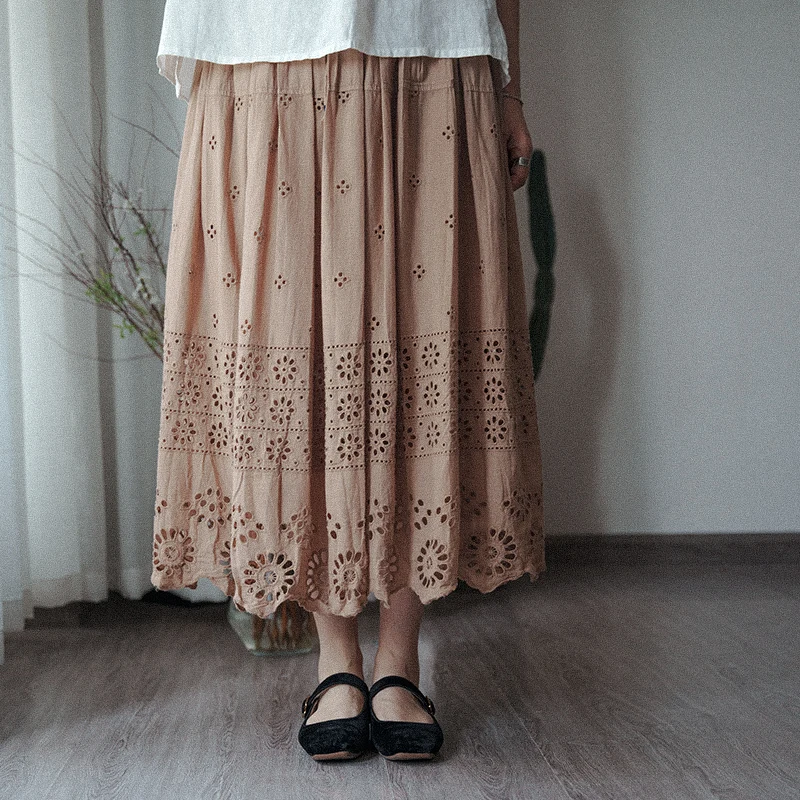 

Elegant Hollow out Embroidered Pure Cotton Half Skirt with Double Pockets Versatile mid Waist A-Line Midi Skirt