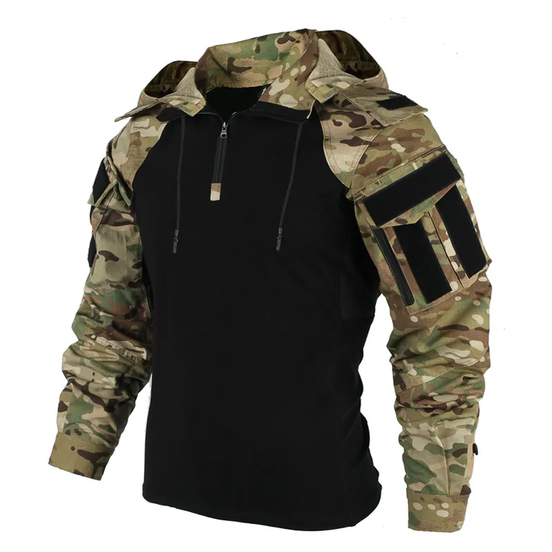 Tactical Combat Shirts Men Long Sleeve US Army CP Hiking T-shirt Camo Hooded Quick-dry CS Paintball T-Shirt Tops Wear-resisting