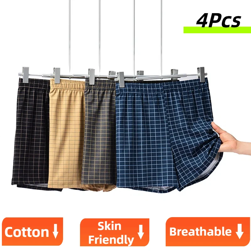 

4Pcs Mens Underwear Cotton Shorts Male Boxer Casual Sleep Underpants Homewear Plaid Loose Comfortable Breathable Soft Underwear