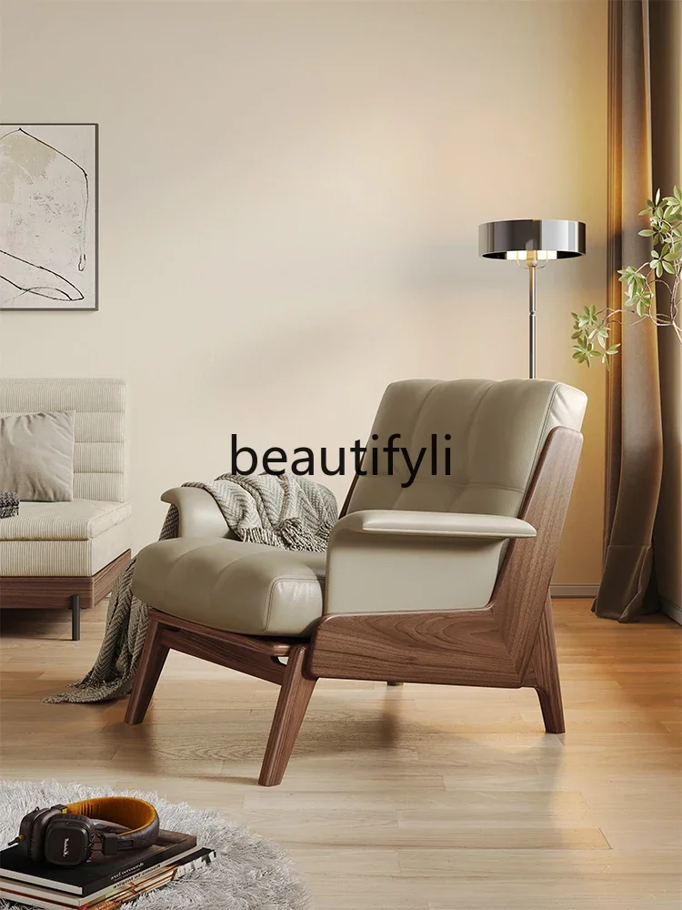 

11zNordic black walnut leisure chair cat scratching leather sofa light luxury modern home balcony recliner single tiger chair