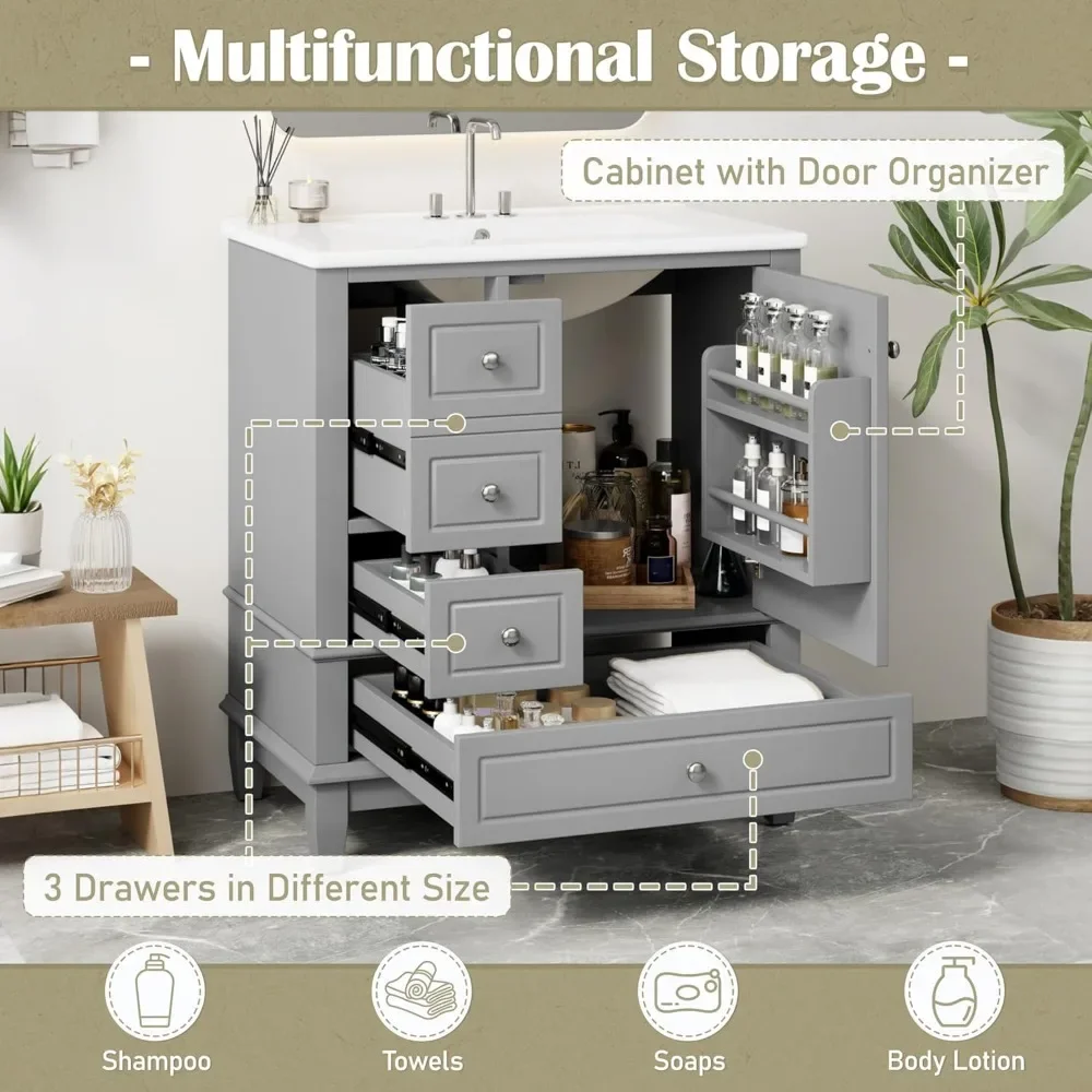 30インチの洗面台付きバスルームキャビネット、多機能木製収納キャビネットオーガナイザー、ドアシェルフ、左側引き出し、ソフトクローズドア