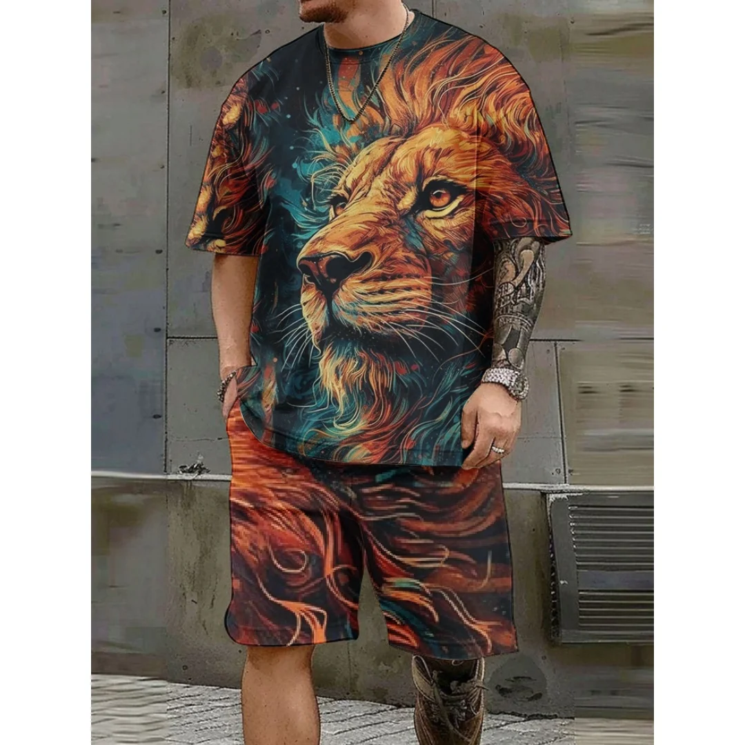 

Fashion Men's Short Sleeve Sets Funny 3D Lion Print Tees +Shorts Two Piece Street Hip Hop Sports Suit Summer Loose Casual Outfit