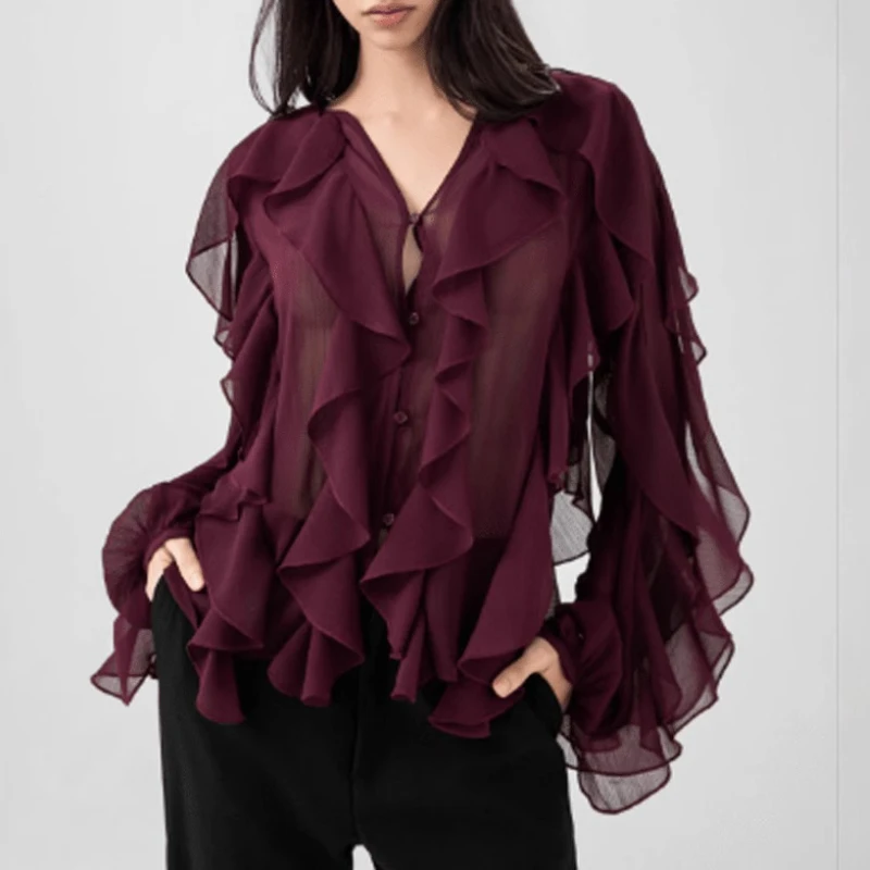 

Women Shirt Ruffles V-Neck Tierred Shirt Single Breasted Sheer Long Sleeves Sweet Vintage Shirt Woman Blouse Office Lady Commute