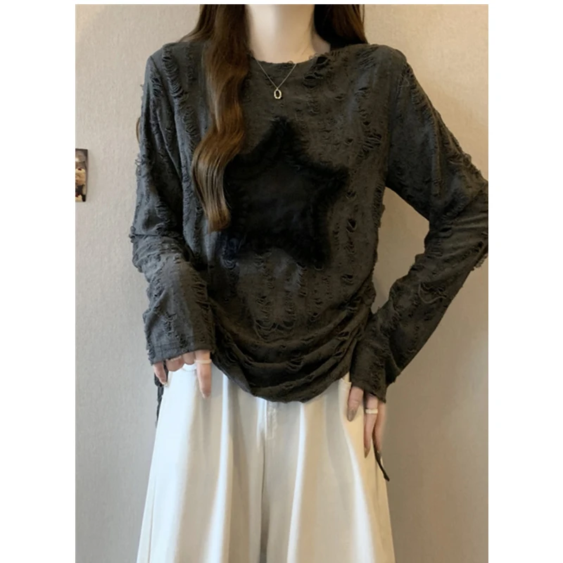 

Long Sleeved T Shirt Retro Womens Autumn Rib Cuff Fitted Shape Minimalist College Texture Clean Youthful Streetwear Distressed