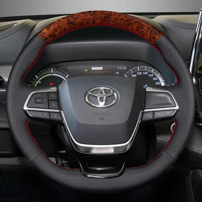 For Toyota Highlander 2022 CROWN KLUGER 2021 Hand-stitched Anti-Slip Black Leather DIY Steering Wheel Cover Car Accessories