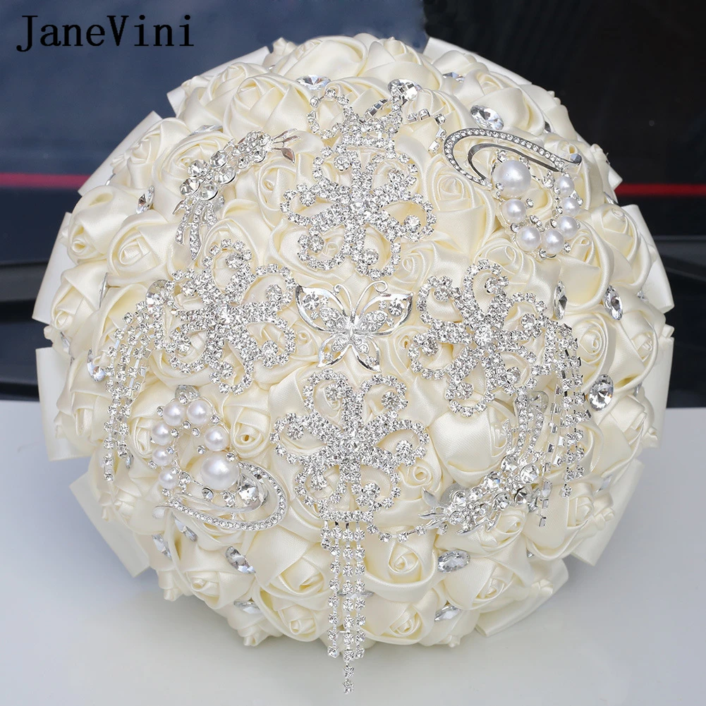 JaneVini 21cm Luxury Ivory Bridal Bouquet with Silver Brooches Jewelry Fake Rose Bridesmaid Bride Bouquet Wedding Flowers Noiva