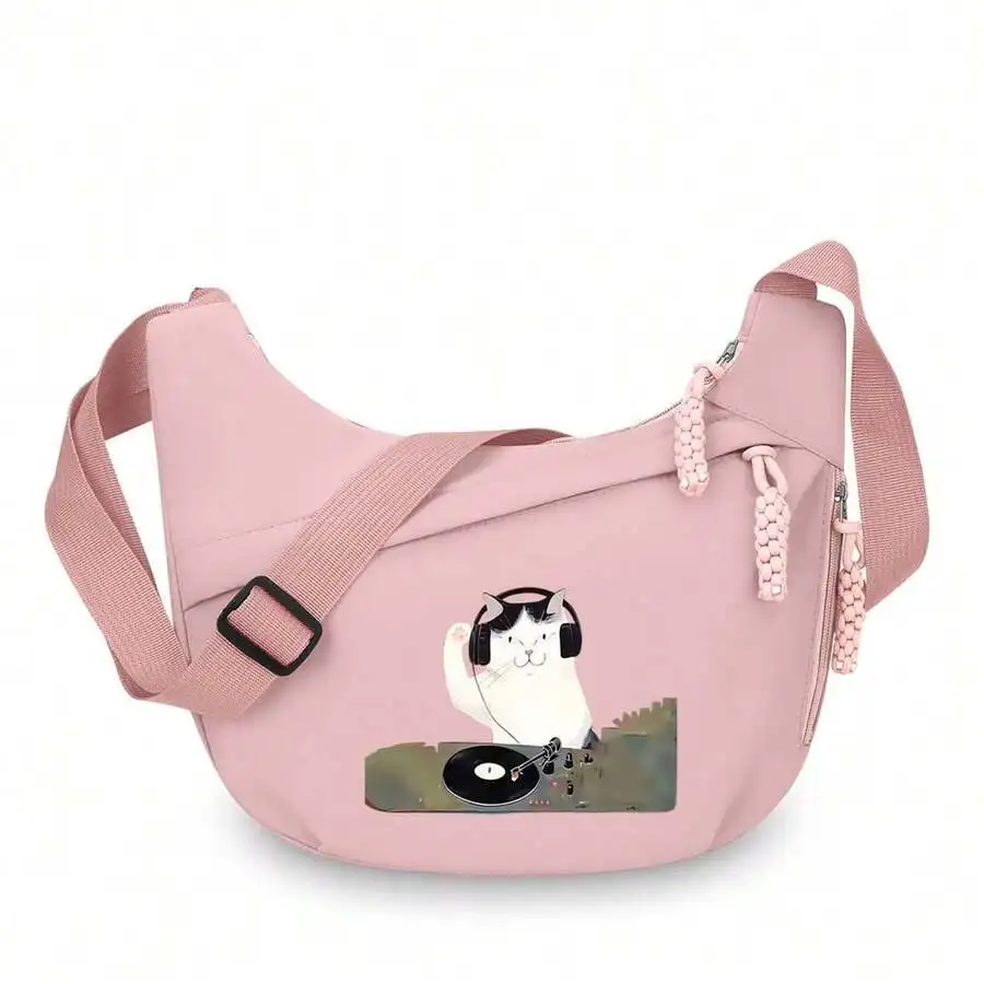 

Pink Saddle Crossbody Bag With Cartoon Cat DJ Print For Women Casual Use
