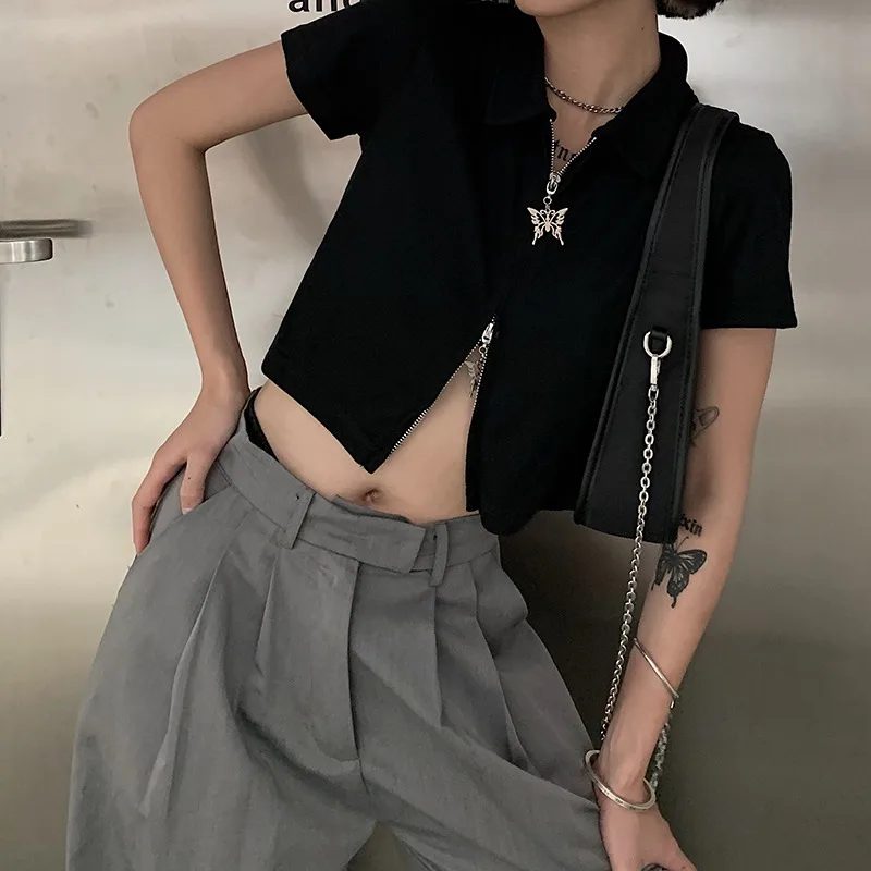 2024 New Niche Butterfly Zipper T-shirts Women Solid Color Short-sleeved Short Tops Korean Style High Street Casual Tees Female