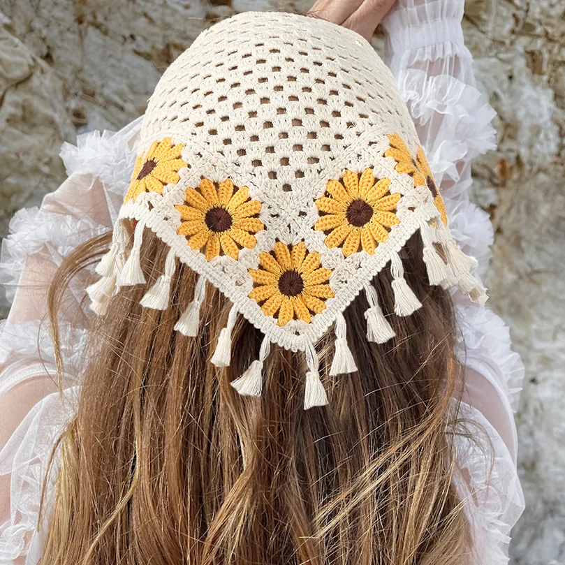 AWAYTR French Retro Tassel Knitted Girl Triangle Scarf Headgear Travel Cute Sunflower Crochet  Artistic Headscarf Women Headband