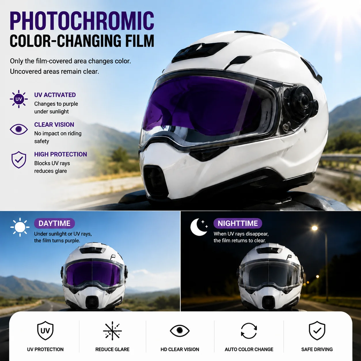 Photochromic motorcycle helmet visor film, UV-activated color-changing purple film, anti-glare transparent protective lens
