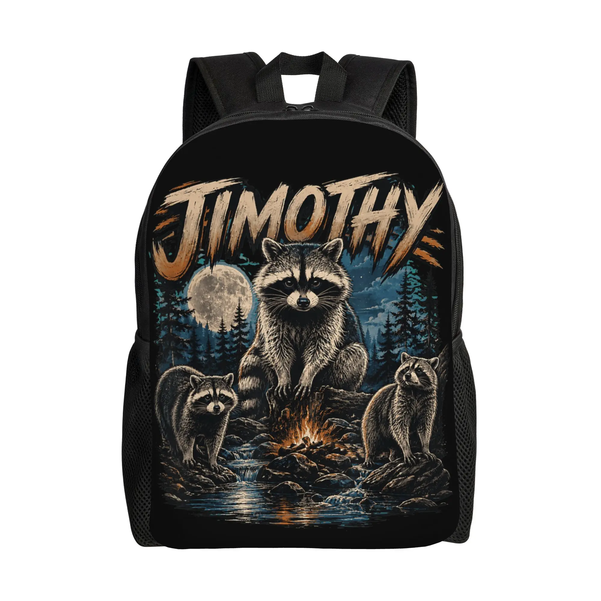 Timothy Funny Raccoon Moonlight Campfire Backpack  Travel Backpacks Male Custom Soft School Bags Aesthetic Rucksack