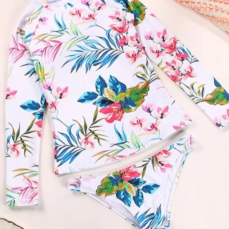 

Two-Piece Swimsuit for Women, Summer Conservative New Long-Sleeve Printed Slimming Tummy-Covering Triangle Swimwear