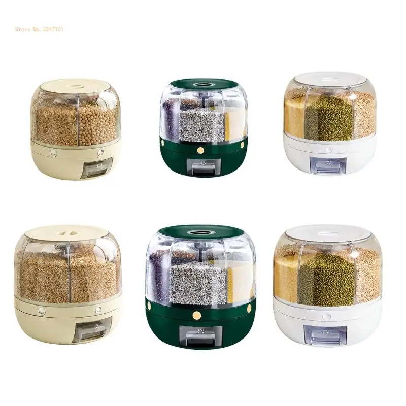 

Kitchen Grains Storage Box with 6 Individual Pocket Rotating Rice Dispenser Case Dropship