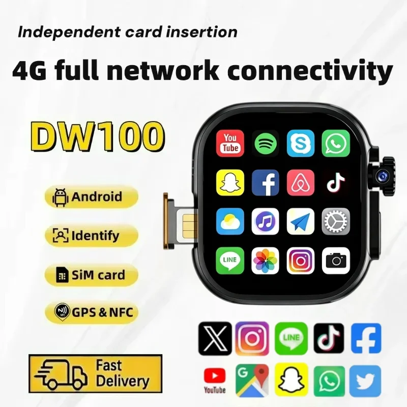 Original DW100 Pro Touch ID Smartwatch with Fingerprint Unlock 2.29'' AMOLED Screen Large Battery 180° Rotating Camera WiFi GPS