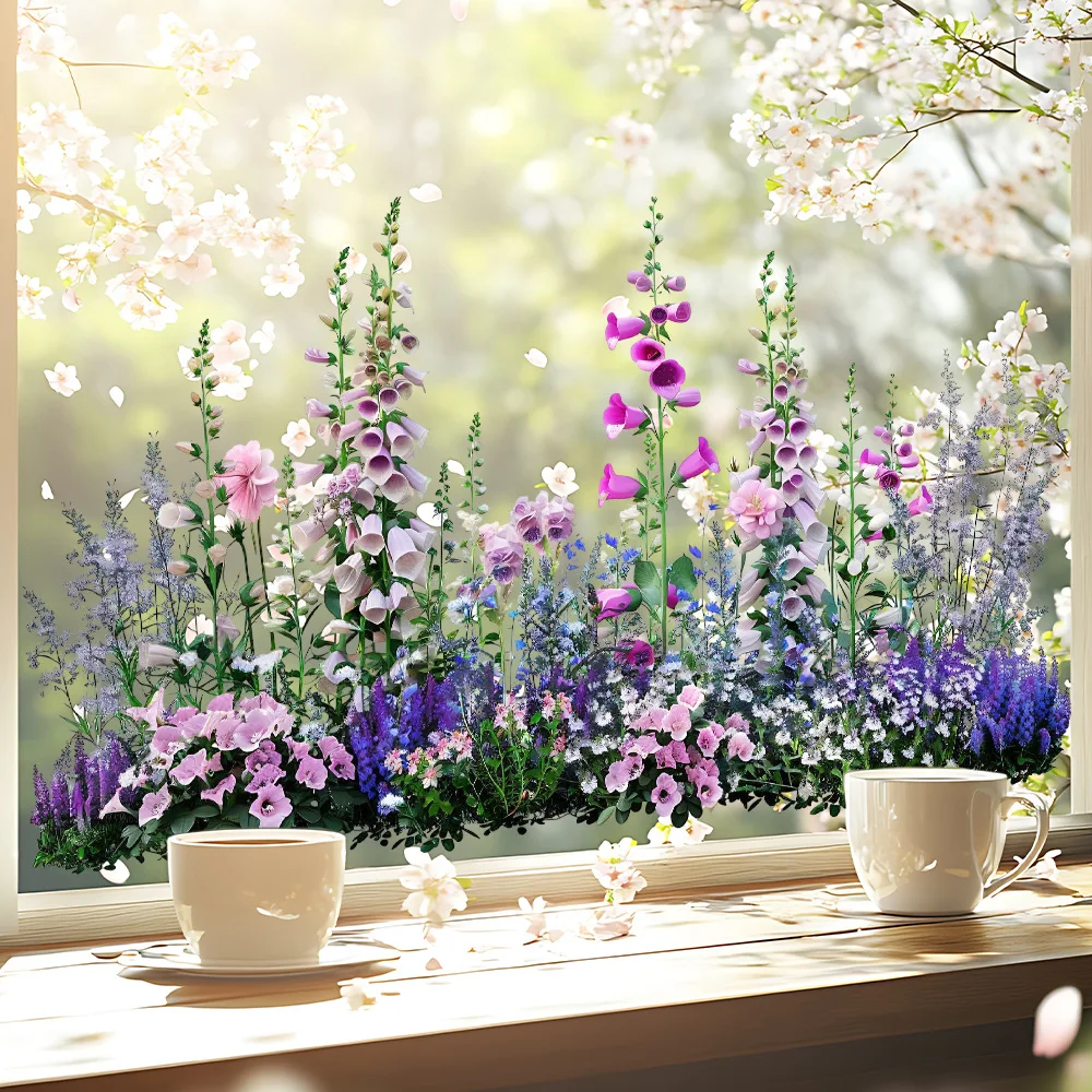 Gartenstil-Blumenmuster-Fensteraufkleber, abnehmbare doppelseitige Blumen-Fensterfolie für Küche, Schlafzimmer, Büro, Schule, Dekoration