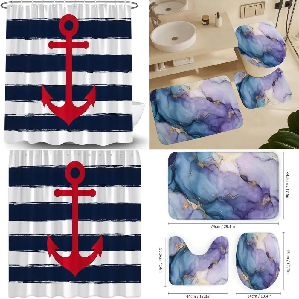 

Морская занавеска для душа: жирный красный якорь и темно-синие полоски с белыми линиями.