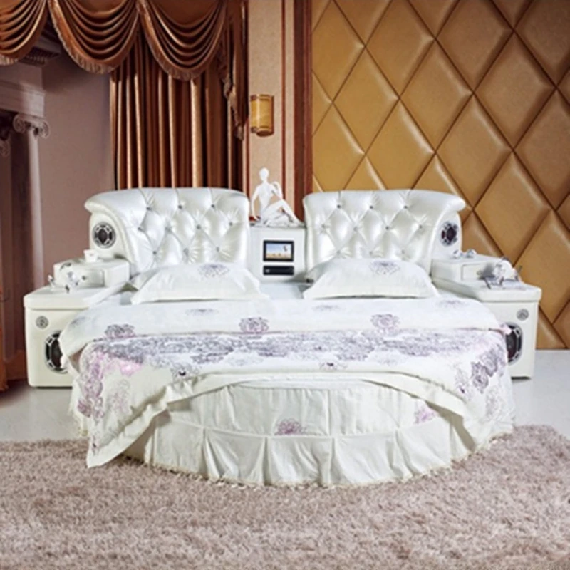 European Modern Round Bed Leather Modern Smart Audio Round Bed Multi Function Cama Matrimonial Bedroom Furniture