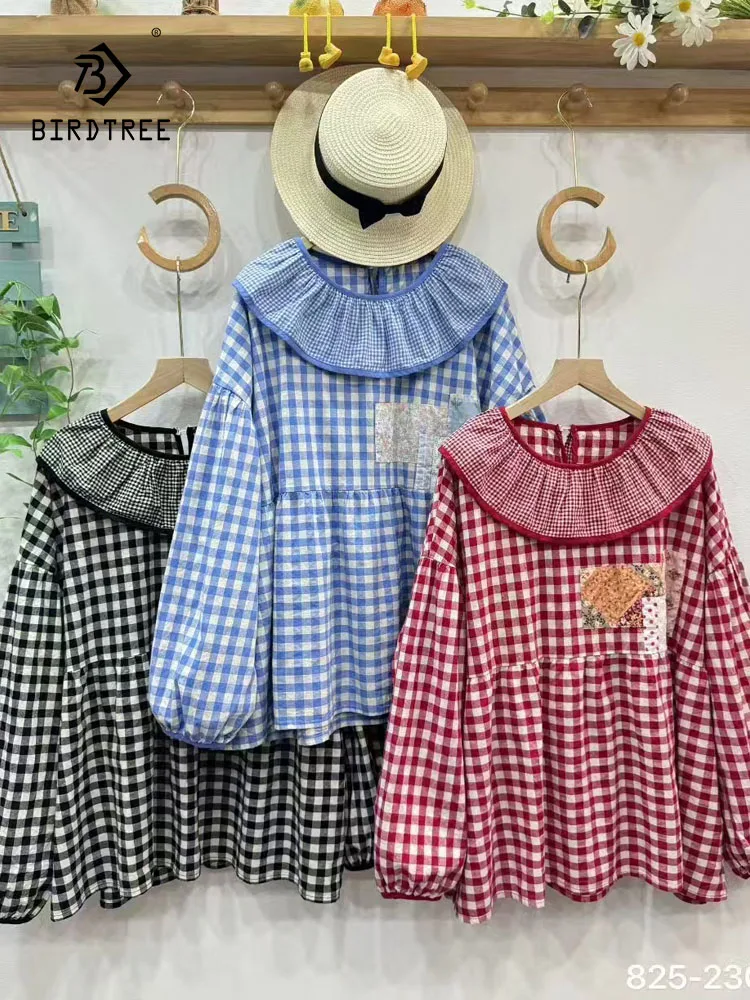 

New 2025 Autumn Cotton Long Sleeve Shirt, Women Peter Pan Collar Plaid, Mori Girl OL Retro Age Reduction Loose Blouse T58547CC