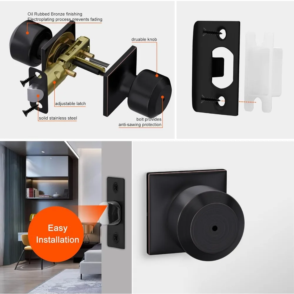 Zestaw 8 klamek do drzwi z wykończeniem w kolorze brązu olejowanego, klamki wewnętrzne z zamkiem zatrzaskowym do sypialni i łazienek, trwałe elementy wyposażenia z brązu.