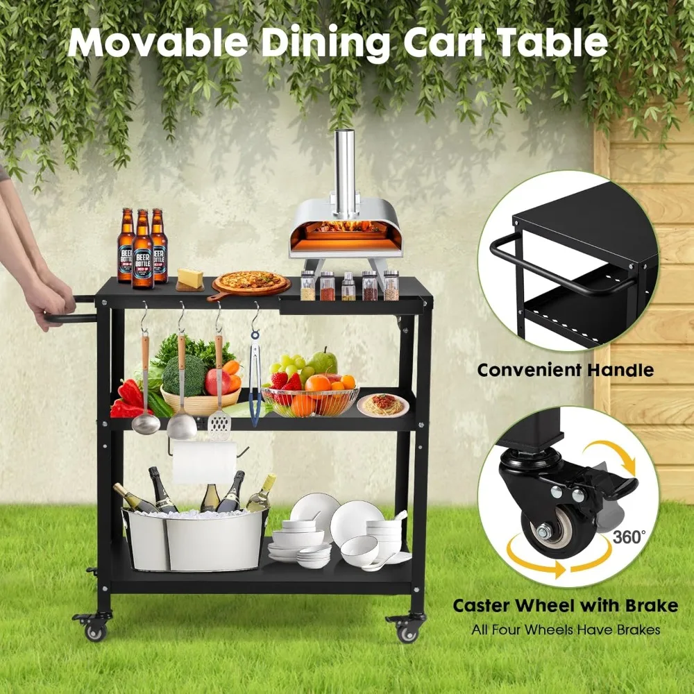 

US Shipping Outdoor Grill Cart Table Indoor Outdoor Pizza Oven Table with 4 Locking Wheels Hooks Side Handle Multifunctional