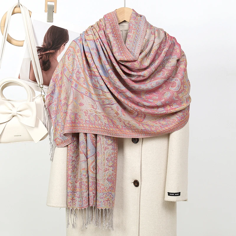 Paisley Pashmina Shawl Scarf Women Jacquard Cashew Printed Scarves Borders Female Tassel Travel Blanket Wraps Ethnic Shawls