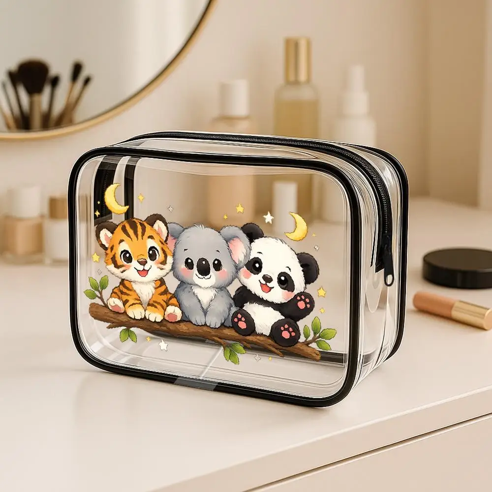 Toilet Bag Tiger Koala Panda Kawaii Cartoon Clear PVC Zipper Makeup Bag Transparent Portable Cosmetic Organizer With Crescent Mo