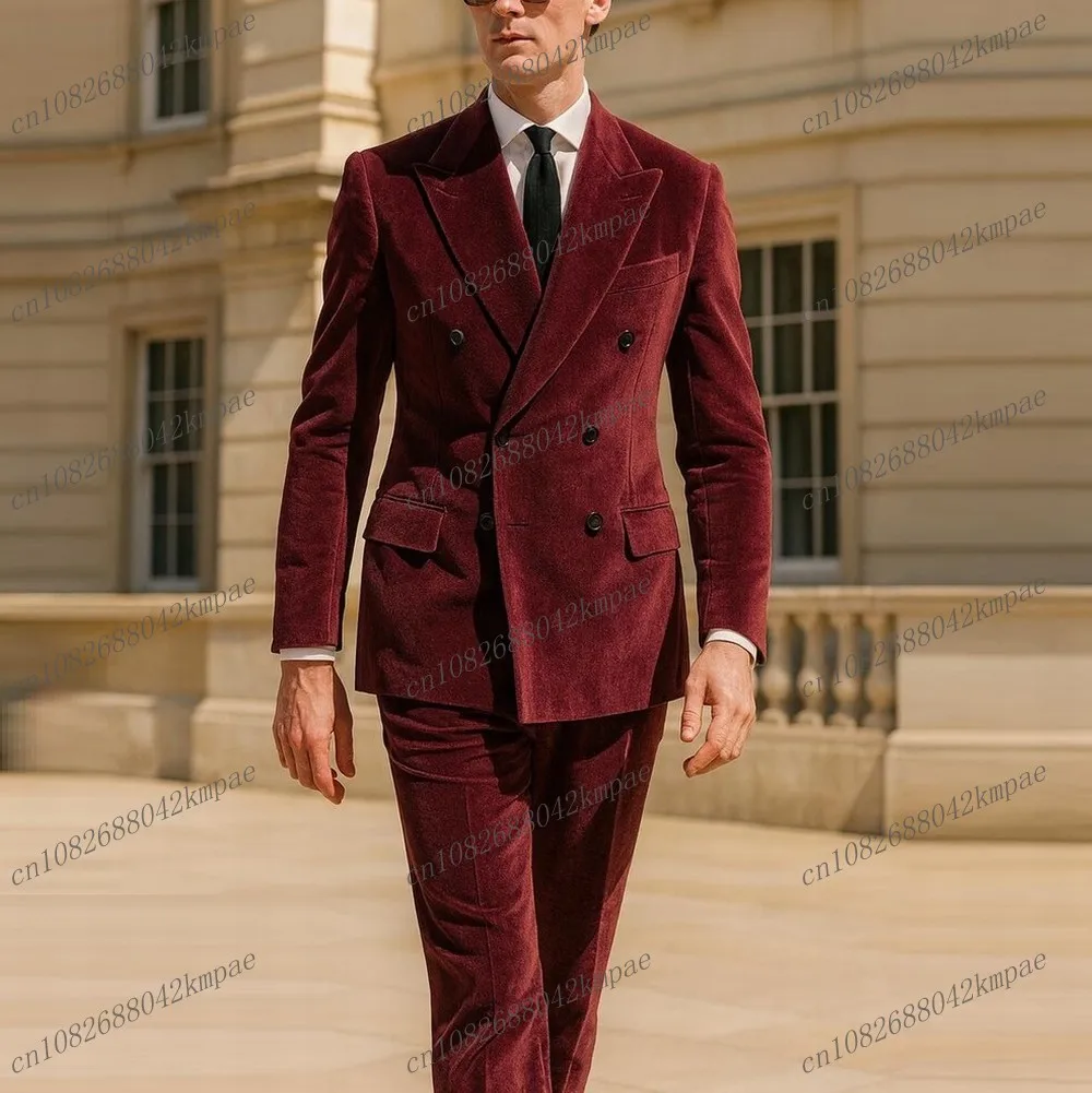 

New Burgundy Velvet Men Suit Formal Groom Groomsman Wedding Party Prom Male Business Tuxedos 2 Piece Set Blazer Pants