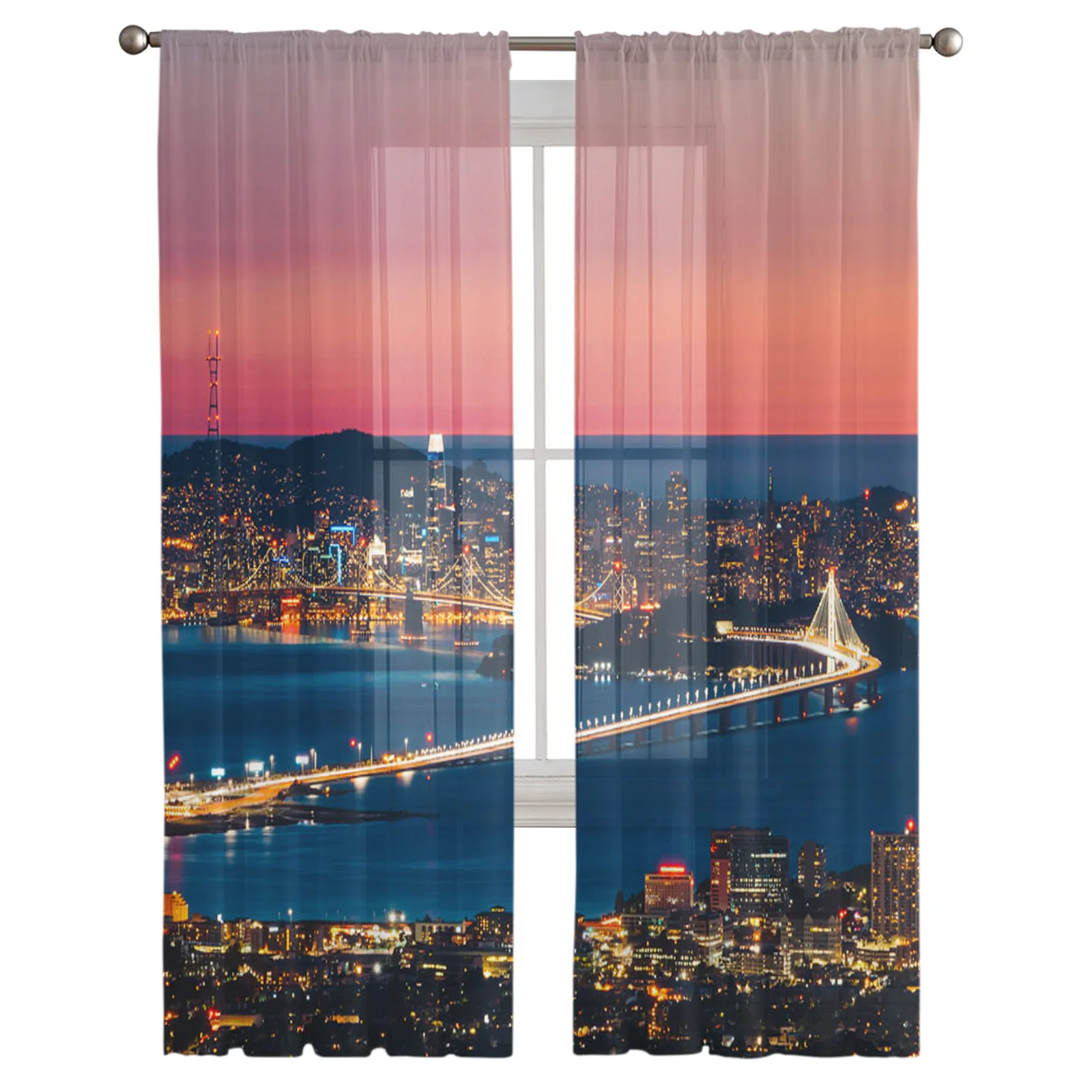 Night City Port Bridge Tulle Curtain for Living Room Balcony Decor Sheer Curtain for Kitchen Bedroom Fashion Home Decor