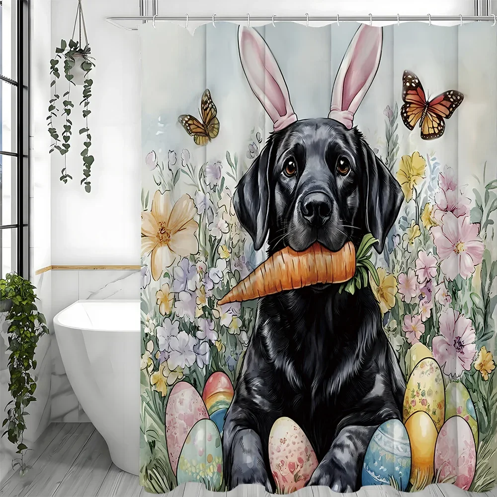 

Butterfly Flora and Carrot, Happy Easter Black Labrador Garden Decorations, Puppy Eggs and Ears Bunny Bathroom Shower Curtain, W