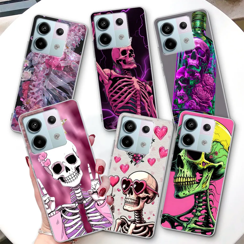 

Luxury Pink Green Skull Case for Xiaomi Redmi Note 15 14 10 11 11S 13 9 12 Pro Plus 13R 11E 10S 8 9S Transparent TPU Phone Cover