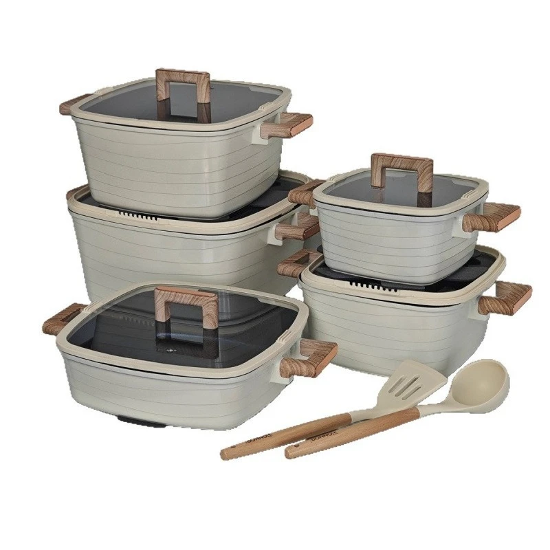 

Die-casting square soup pot set 15-piece set, bottom covering, non-stick electromagnetic heat conduction