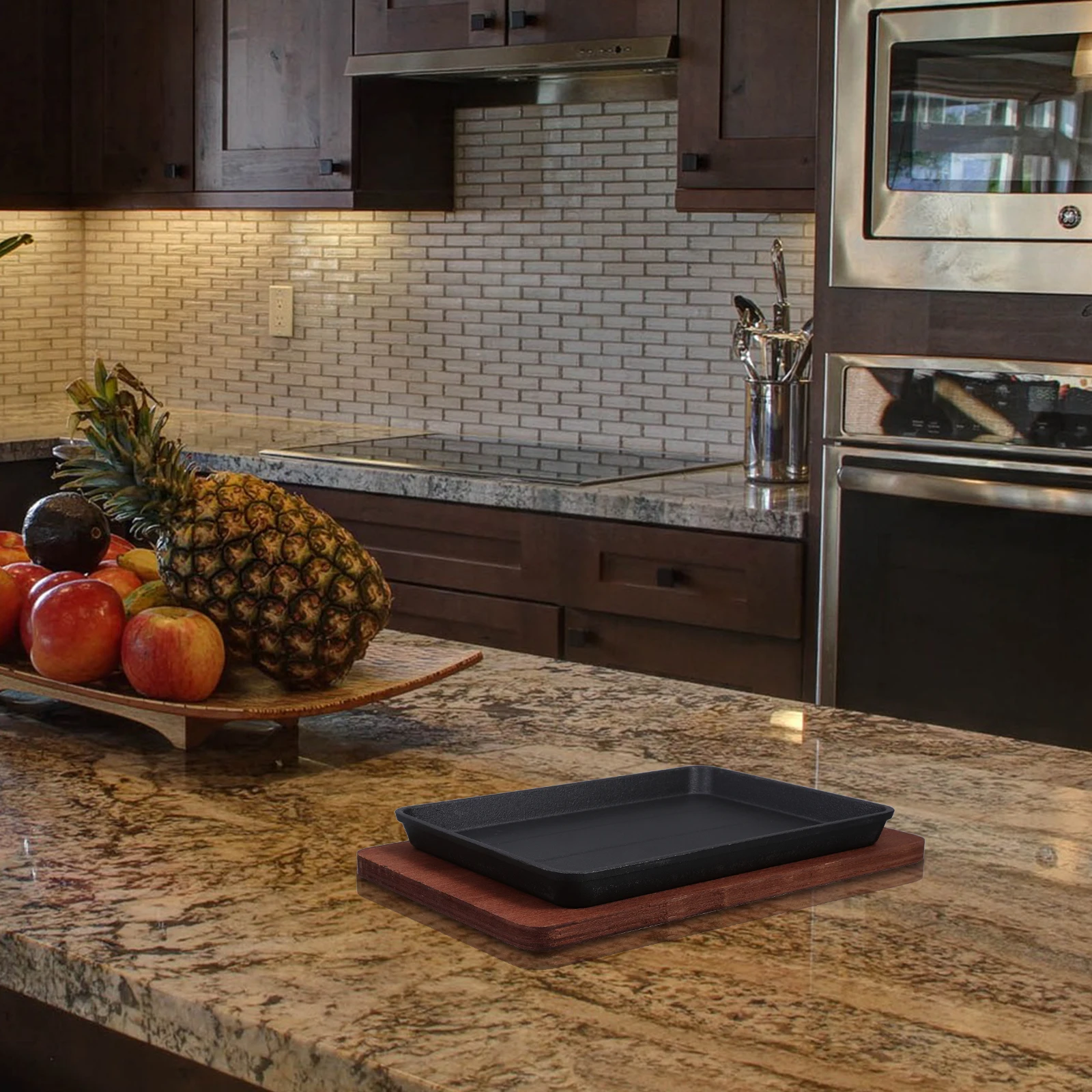 

Square Cast Iron Grill Pan Heavy Duty Fajita Skillet Non Stick Cooking Steak Fish Sizzling Plate Wooden Base Kitchen Bbq Tool