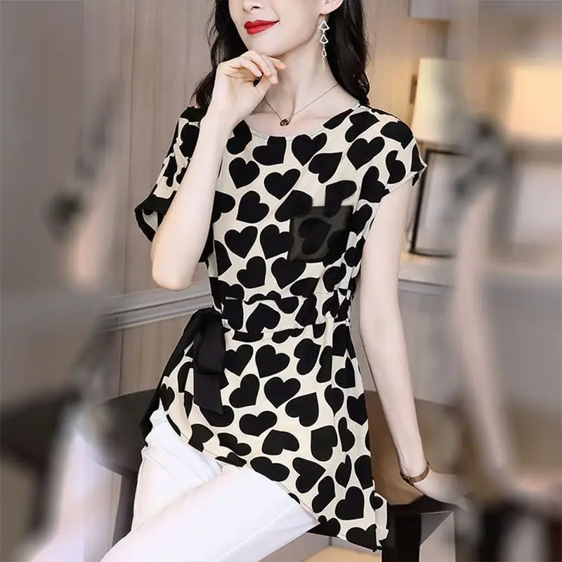 Elegant Chic Lace Up Love Print Short Sleeve Asymmetric Tunic Shirts Summer 2023 New Korean Fashion Slim Tops Blouses for Women