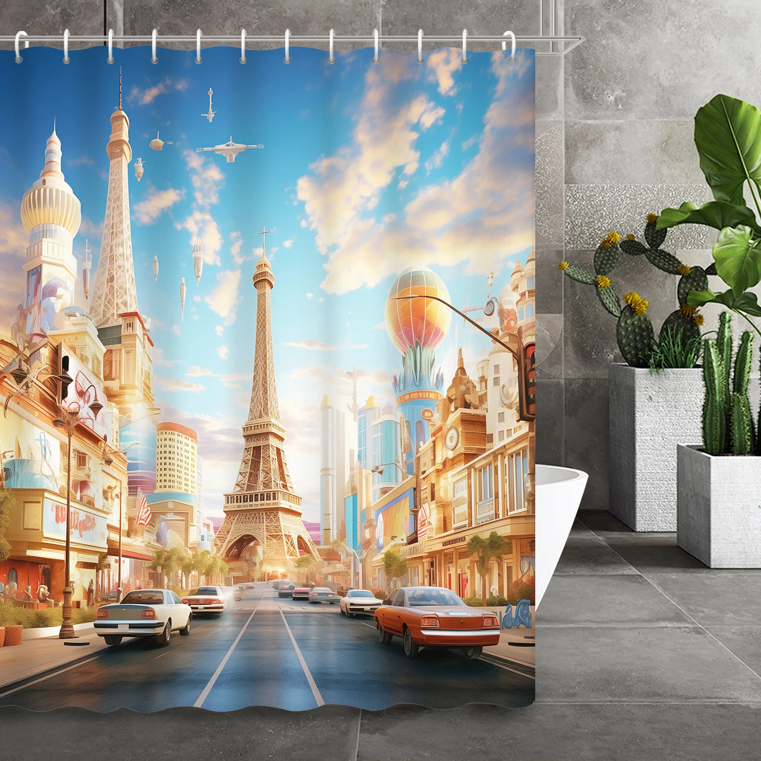

Paris Cityscape Eiffel Tower Shower Curtain - European Street Art Design, Polyester with Hooks for Bathroom & Home Decor